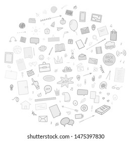 Abstract pattern with school supplies. Back to school. Hand drawn elements. Illustration for banners, flyers or posters. Black and white colors