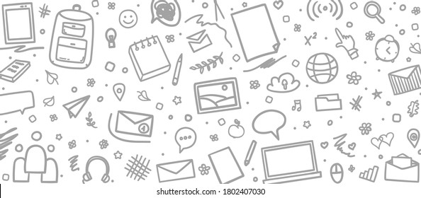 Abstract pattern with school supplies. Back to school. Education concept. Black and white illustration