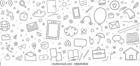 Abstract pattern with school supplies. Back to school. Black and white illustration. Education concept