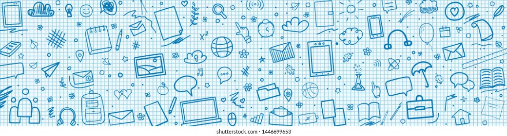Abstract pattern with school supplies. Graphic paper background. Checkered texture. Back to school. Set of different signs. Hand drawn elements. Illustration for banners, flyers or posters