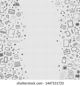 Abstract pattern with school supplies. Graphic paper background. Checkered texture. Back to school. Set of different signs. Hand drawn elements. Illustration for banners, flyers or posters