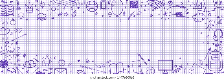 Abstract pattern with school supplies. Graphic paper background. Checkered texture. Back to school. Set of different signs. Hand drawn elements. Illustration for banners, flyers or posters