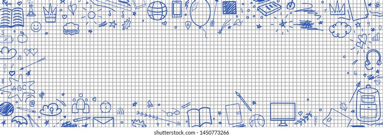 Abstract pattern with school supplies. Graphic paper background. Checkered texture. Back to school. Set of different signs. Hand drawn elements. Illustration for banners, flyers or posters