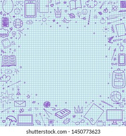 Abstract pattern with school supplies. Graphic paper background. Checkered texture. Back to school. Set of different signs. Hand drawn elements. Illustration for banners, flyers or posters