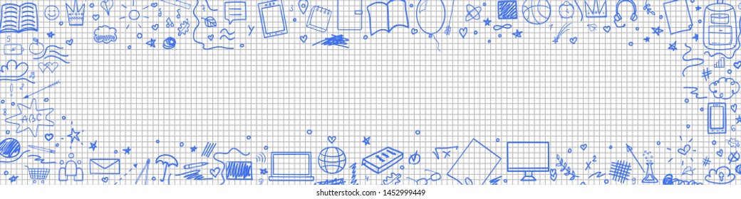 Abstract pattern with school supplies. Graphic paper background. Checkered texture. Back to school. Set of different signs. Hand drawn elements. Illustration for design