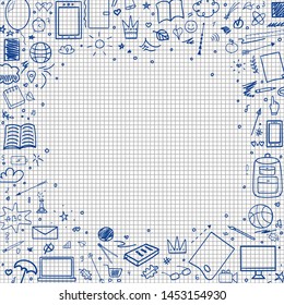 Abstract pattern with school supplies. Graphic paper background. Checkered texture. Back to school. Set of different signs. Hand drawn elements. Illustration for design