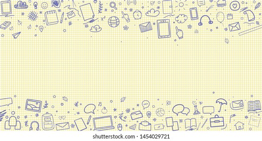 Abstract pattern with school supplies. Graphic paper background. Checkered texture. Back to school. Hand drawn elements. Education concept