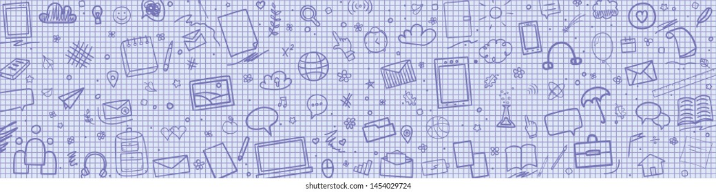 Abstract pattern with school supplies. Graphic paper background. Checkered texture. Back to school. Hand drawn elements. Education concept