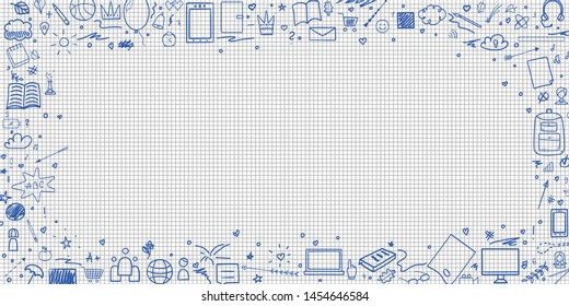 Abstract pattern with school supplies. Graphic paper background. Checkered texture. Back to school. Hand drawn elements. Education concept