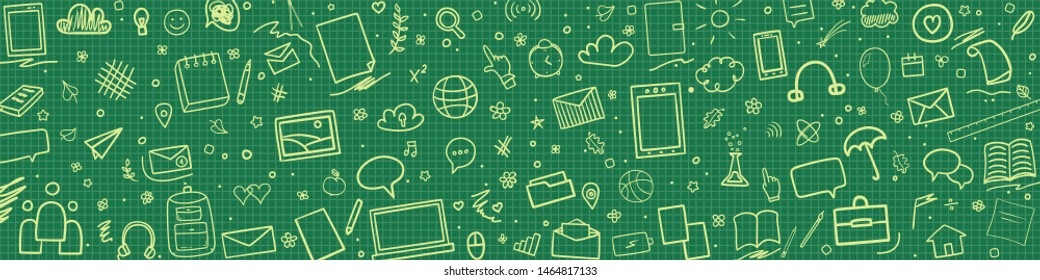 Abstract pattern with school supplies. Graphic paper background. Checkered texture. Back to school. Hand drawn elements. Education concept