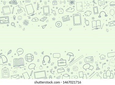 Abstract pattern with school supplies. Graphic paper background. Striped texture. Back to school. Hand drawn elements. Education concept