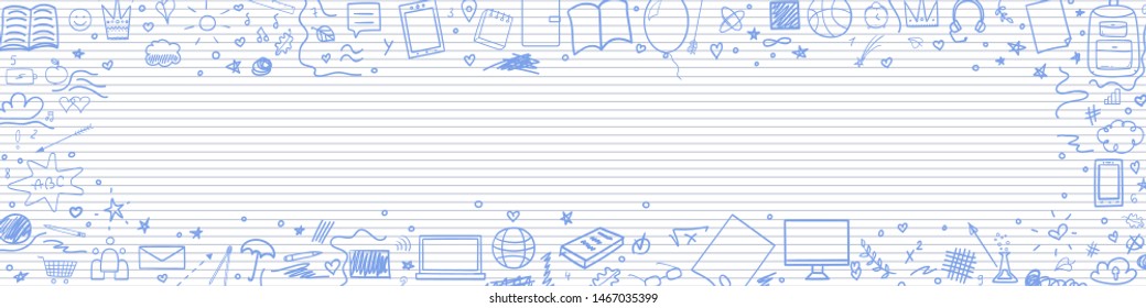 Abstract pattern with school supplies. Graphic paper background. Striped texture. Back to school. Hand drawn backdrop. Education concept