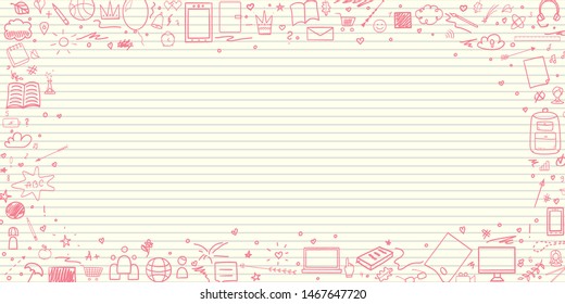 Abstract pattern with school supplies. Graphic paper background. Striped texture. Back to school. Hand drawn backdrop. Education concept