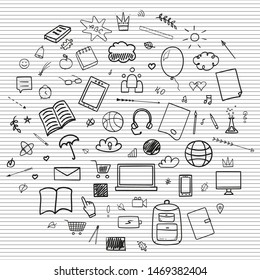 Abstract pattern with school supplies. Graphic paper background. Outline texture. Back to school. Hand drawn backdrop. Education concept. Black and white illustration