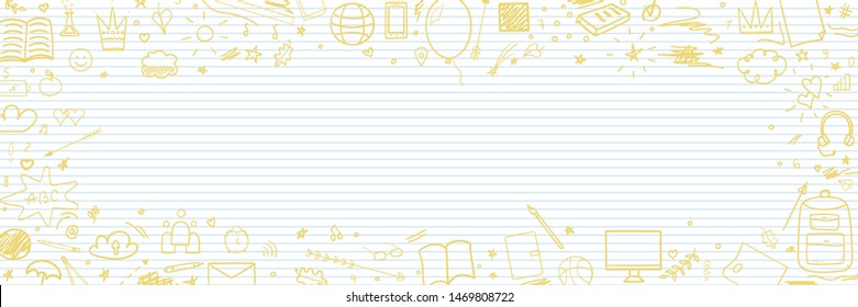 Abstract pattern with school supplies. Graphic paper background. Striped texture. Back to school. Hand drawn line backdrop. Education concept
