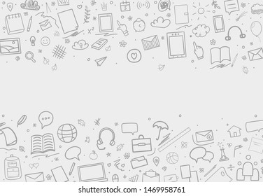 Abstract pattern with school supplies. Graphic background. Outline texture. Back to school. Hand drawn backdrop. Education concept. Black and white illustration