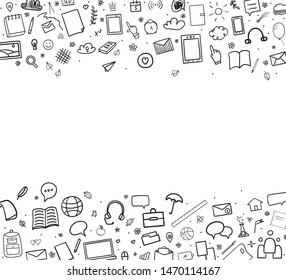 Abstract pattern with school supplies. Graphic background. Outline texture. Back to school. Hand drawn backdrop. Education concept. Black and white illustration