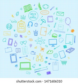 Abstract pattern with school supplies. Graphic paper background. Checkered texture. Back to school. Hand drawn elements. Education concept