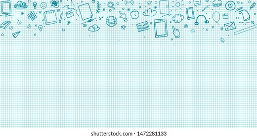 Abstract pattern with school supplies. Graphic paper background. Checkered texture. Back to school. Hand drawn elements. Education concept