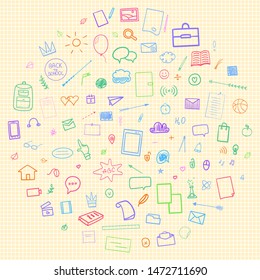 Abstract pattern with school supplies. Graphic paper background. Checkered texture. Back to school. Hand drawn elements. Education concept