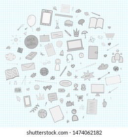 Abstract pattern with school supplies. Graphic paper background. Checkered texture. Back to school. Hand drawn elements