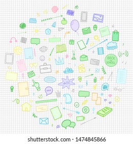 Abstract pattern with school supplies. Graphic paper background. Checkered texture. Back to school. Hand drawn elements