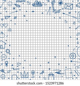 Abstract pattern with school supplies. Graphic paper background. Checkered texture. Back to school. Hand drawn elements