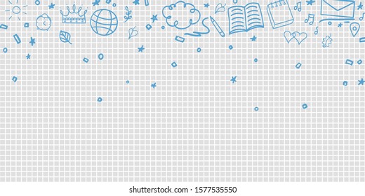 Abstract pattern with school supplies. Graphic paper texture. Back to school. Hand drawn elements in a line style