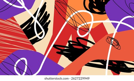 Abstract pattern with scribble modern art. Creative colorful collage background for print. Dynamic lines with geometric shapes. Decorative wallpaper, Art illustration vector