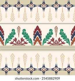 abstract pattern, seamless border background, Creamy yellow pastel color Vector illustration, Hand drawn vintage ikat embroidery, Indian ethnic tribal textile decoration.