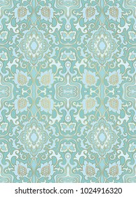Abstract pattern. Seamless filigree ornament. Turquoise template for wallpaper, textile, shawl, carpet. 