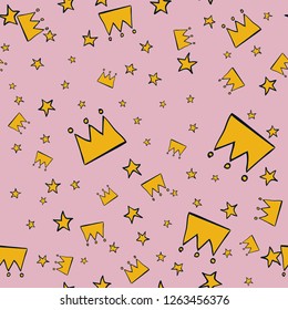Abstract  pattern seamless. Memphis style. yellow stars and crown on pink background