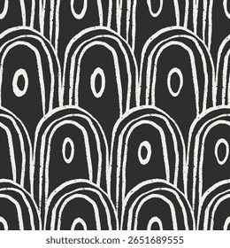 Abstract pattern, seamless organic geometric shapes with curved lines, circles, twisted doodles and scribbles. Black and white endless wavy texture, background, print. Hand-drawn vector illustration