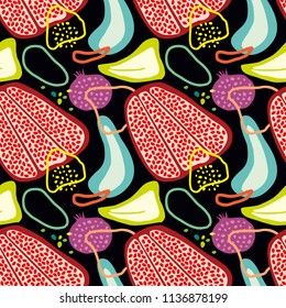 Abstract pattern. Seamless pattern with abstract and organic, plant and fruit shapes in some colors on a black background