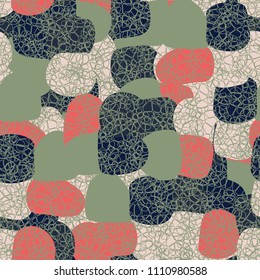Abstract pattern. Seamless texture from large multi-colored spots. Camouflage. Dense network consisting of many rounded figures.