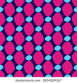 Abstract pattern seamless wallpaper vector design colorful geometric texture. Blue, magenta colors shapes modern art decoration. Retro fabric sample with organic elements. Vintage style textile swatch