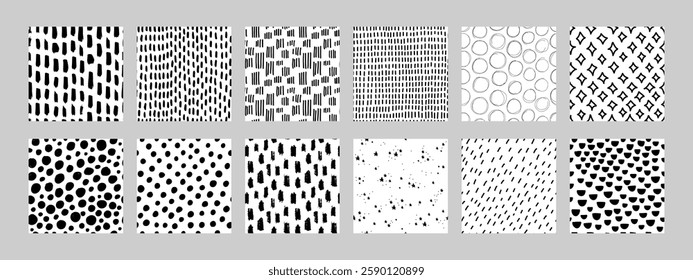 Abstract pattern set. Black and white hand drawn seamless textures collection with playful designs like raindrops, dots, and circles. Great for packaging, stationery, backgrounds, or textile projects.