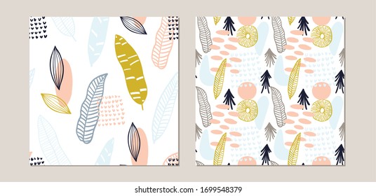 Abstract pattern set with organic shapes in pastel colors mustard, yellow. Organic background with spots. Collage seamless pattern with nature texture. Modern textile, wrapping paper, wall art design