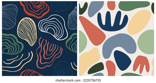 Abstract pattern set with organic shapes, sea shell, nature texture. Organic spots background. Doodle seamless pattern with line sea shell. Trendy vector background collection for cover, social media.