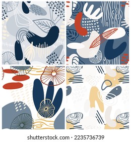 Abstract pattern set with organic shapes, plants, nature texture. Organic spots background. Collage seamless pattern with nature texture. Trendy vector background collection for cover, social media