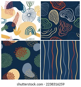 Abstract pattern set with organic shapes, sea shell, nature texture. Organic spots background. Doodle seamless pattern with line sea shell. Trendy vector background collection for cover, social media.