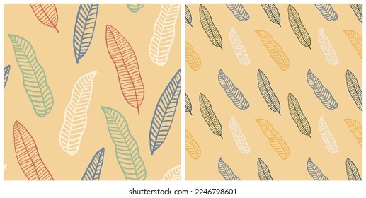 Abstract pattern set with organic shapes, feather, nature texture. Organic spots background. Doodle seamless pattern with feather. Trendy vector background collection for cover, print, social media.
