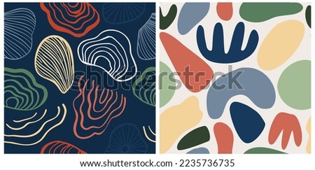 Abstract pattern set with organic shapes, sea shell, nature texture. Organic spots background. Doodle seamless pattern with line sea shell. Trendy vector background collection for cover, social media.