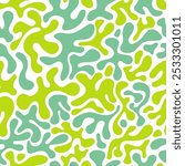 Abstract pattern in shades of sea green and lemon. The interlocking shapes create interest for use in textile design, background imagery, or visual art.