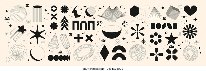 Abstract pattern. Shape design 3d, poster isolated black silhouette element, background space retro. Art grid, y2k brutal sphere, typography psychedelic collection. Vector form garish ornament set