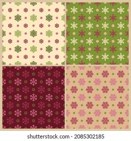 Abstract pattern in the shape of snowflakes. Seamless merry christmas wallpaper set. Background design for fabric, textile, banner, card, cover, poster, tile, wall. Vector illustration.