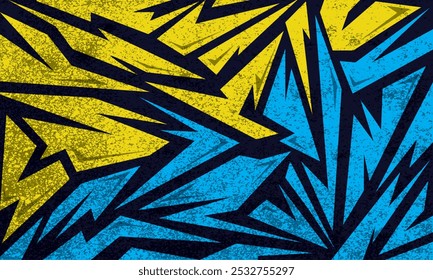 Abstract pattern with sharp, angular shapes in vibrant blue and yellow, perfect for modern designs like backgrounds, banners, posters, or racing-themed elements.