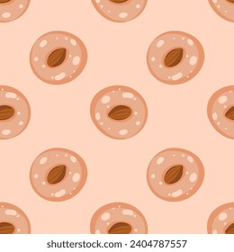 Abstract pattern with shortbread cookies with almonds on a beige background. A cozy hugo-style pattern