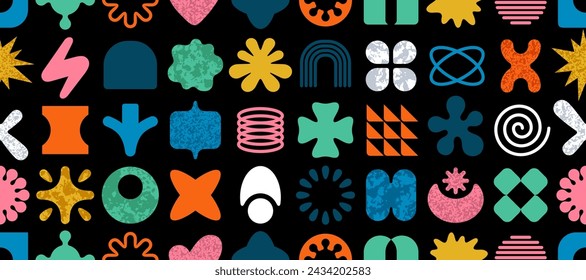 Abstract pattern with simple geometric shapes in y2k retro style. Seamless vector color and black background. Trendy modern forms and figures symbols seamless pattern. Geometric abstract background