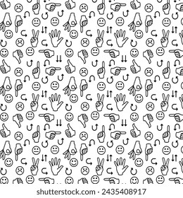 Abstract pattern. Smileys, hands, arrows. Seamless pattern, black outline on a white background. Vector illustration Flyer background design, advertising background, fabric, clothing, texture, textile